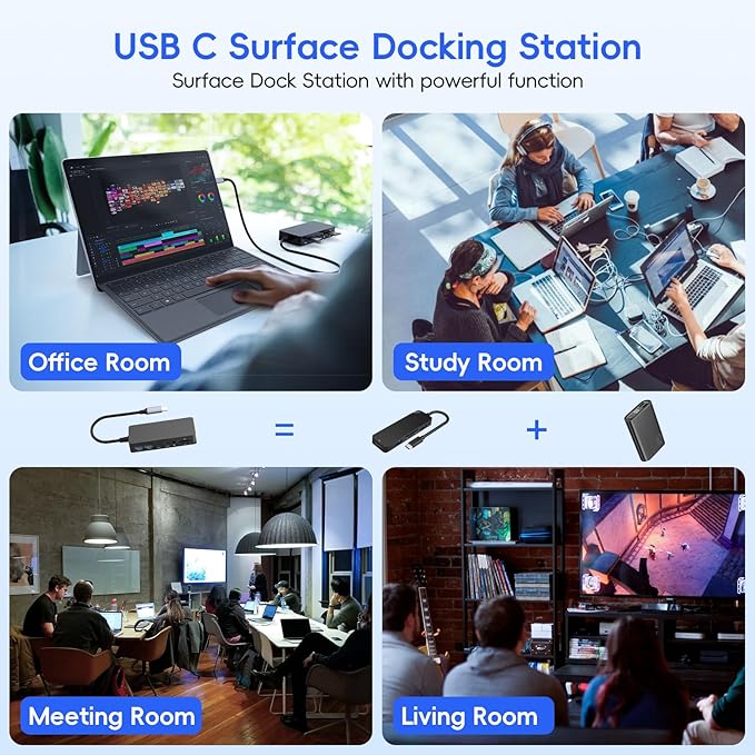 New Surface Thunderbolt 4 Dock Triple Displays 4K HDMI*2+VGA 12 in 1 Surface Pro Docking Station with Power Adapter for Surface Pro 11/10/9/8/X/7/6/5/4/3 Surface Laptop Surface Book Go