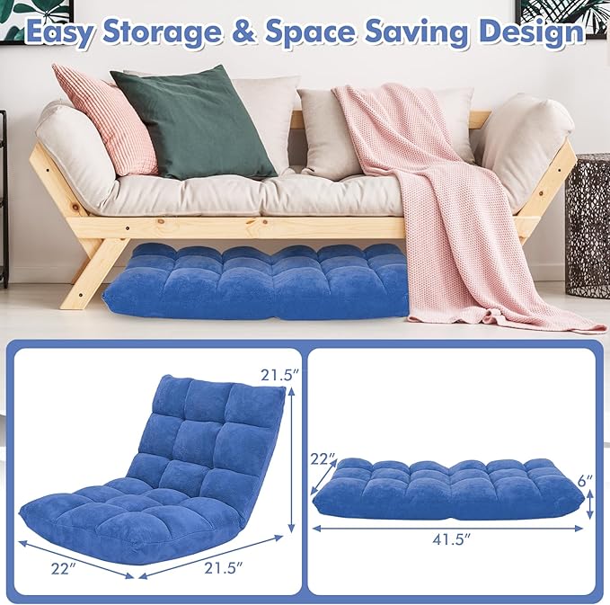 GOFLAME 14-Position Folding Floor Chair Padded Gaming Lazy Sofa Chair with Adjustable Backrest Couch Recliner Sleeper Bed Lounge Chair for Reading Gaming Meditating (Blue)