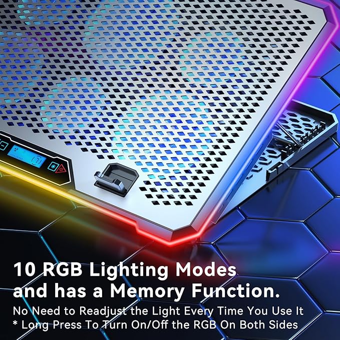 Aluminum Alloy RGB Gaming Laptop Cooler with 6 Fans and LCD Screen - 10 RGB Modes Memory Function 4 USB Ports 3.0 and 2.0 Hub 9 Height Adjustable for 10 to 21 Inch Laptops on Desk or Lap