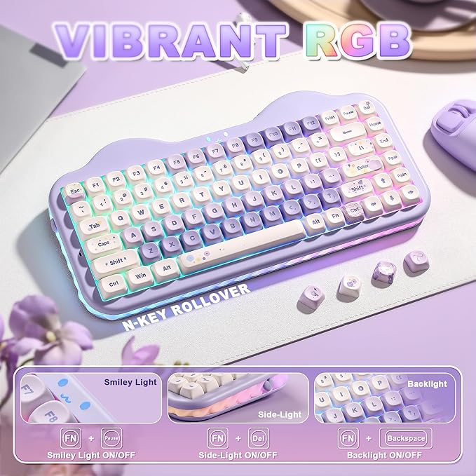 YUNZII C75 Wireless Mechanical Keyboard75% Layout Hot-Swappable NKROBT5.0/2.4G/USB-C ModeDye-Sub PBT MOA KeycapsRGB Gasket MountCute Cake Design for Mac/Win/Gaming (Purple Candy Switch)