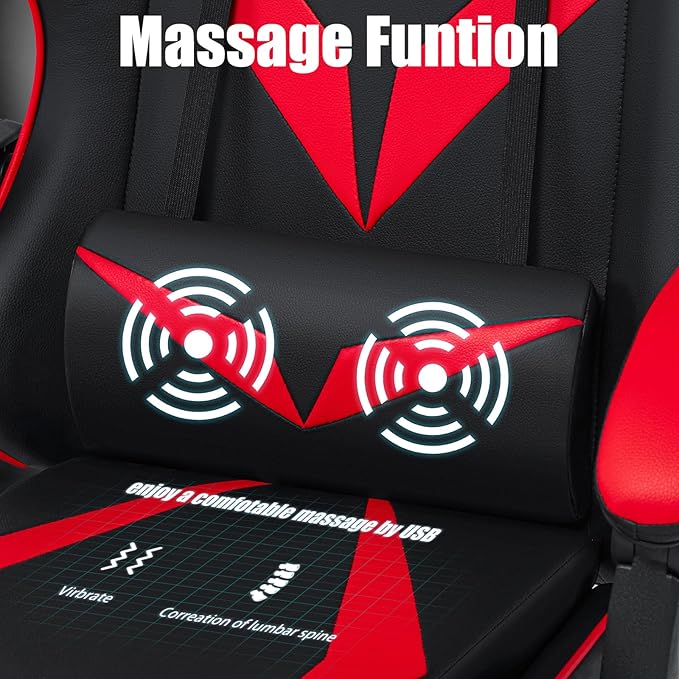 Gaming Chair with Massage Ergonomic Computer Chair with Footrest and Lumbar Support Reclining PC Game Chair for Boys with Adjustable Armrest and Headrest Red