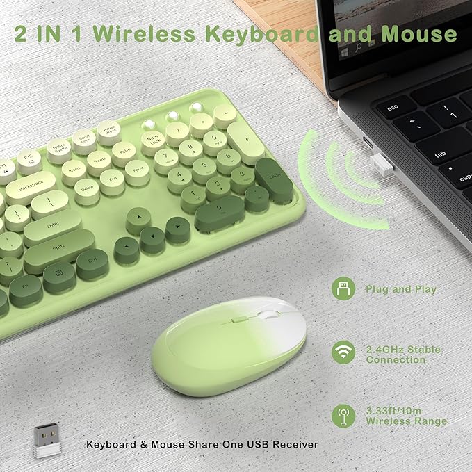 Colorful Wireless Keyboard and Mouse Combo COVEVA 2.4GHz Wireless Retro Cute Round Keycaps Keyboard 104 Keys Full-Sized Keyboard Mouse Set with Switch Button for PC Laptop Desktop (Green Gradient)