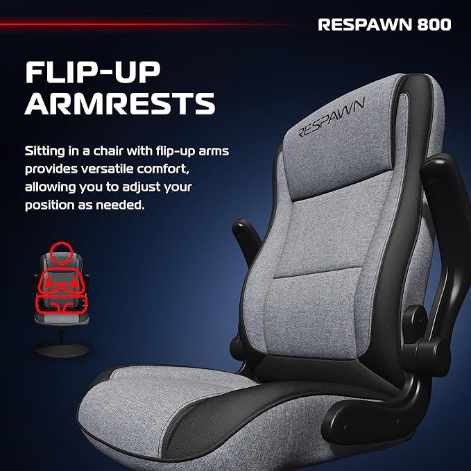 RESPAWN 800 Swivel Rocker Gaming Chair - Ergonomic Floor Gaming Seat with Lumbar Support Flip Up Armrest High Back Pedestal Base Comfortable No Wheels Console Video Game Rocker Chair - Gray Fabric