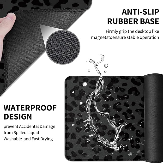 Mouse Pad Desk Mat Ergonomic Wrist Support Pad SetMouse Wrist Rest Keyboard Pad with Stitched Edges and Non Slip Base-Black Leopard Panther Cheetah Print