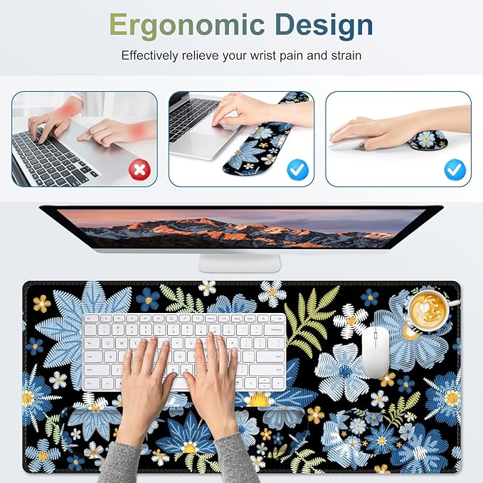 Large Gaming Mouse Pad Set 4 in1 Ergonomics Keyboard Desk Mat with Memory Foam Wrist Rest Computer PC Extended Game Mousepad Non-Slip Desk Pad Matt Easy Typing Pain Relief I Forget-me-not