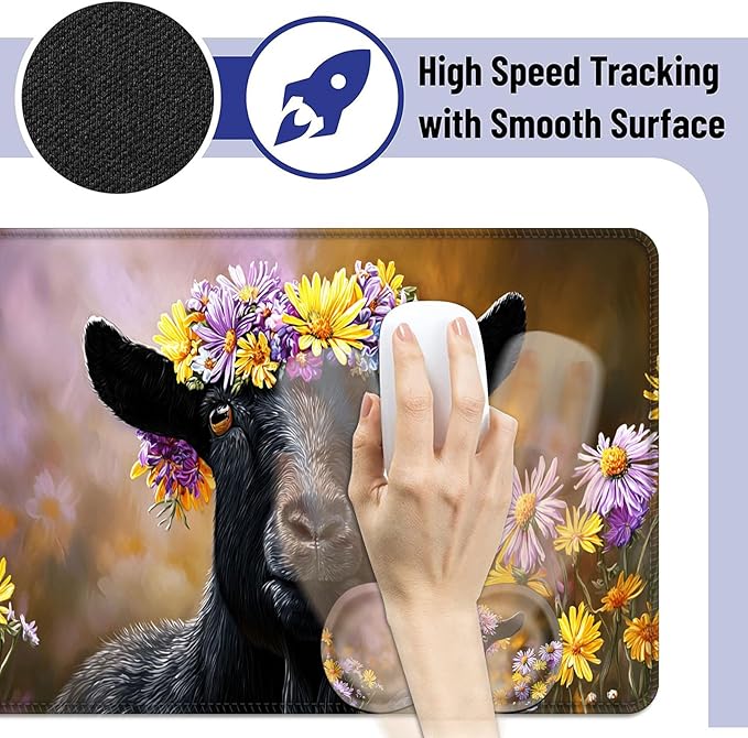XL Extended Mouse Pad 31.5×11.8″ | Large Waterproof Desk Mat + Mouse Wrist Support | Ergonomic Gaming &amp Office Computer MousepadFloral Crown Black Goat