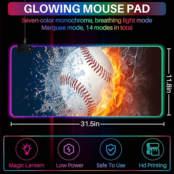 XL RGB Gaming Mouse Pad with 14 Light Modes - Light Up Gamer Mouse Pad31.5 x 11.8in Non-Slip Baseball Style Led Large Gamer MousepadBlack Long Glowing Gaming Accessories for DeskWaterproof
