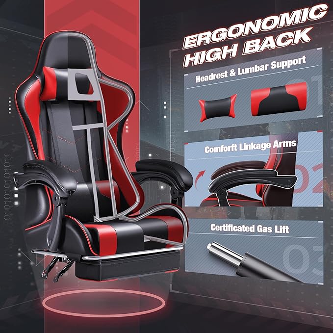 Furmax Gaming Chair Video Game Chair with Footrest and Massage Lumbar Support Swivel Seat Height Adjustable Computer Chair with Headrest Racing E-Sport Gamer Chair (Red)