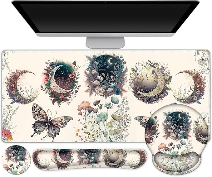 Large Desk Mat Cute Boho Plants Mouse Pad Apricot Desk Pad XXL Mousepad + Keyboard Wrist Rest+Mouse Wrist Rest+Coaster Desk Pad for Girl Women Home Office Decor Aesthetics Floar Butterfly Moon
