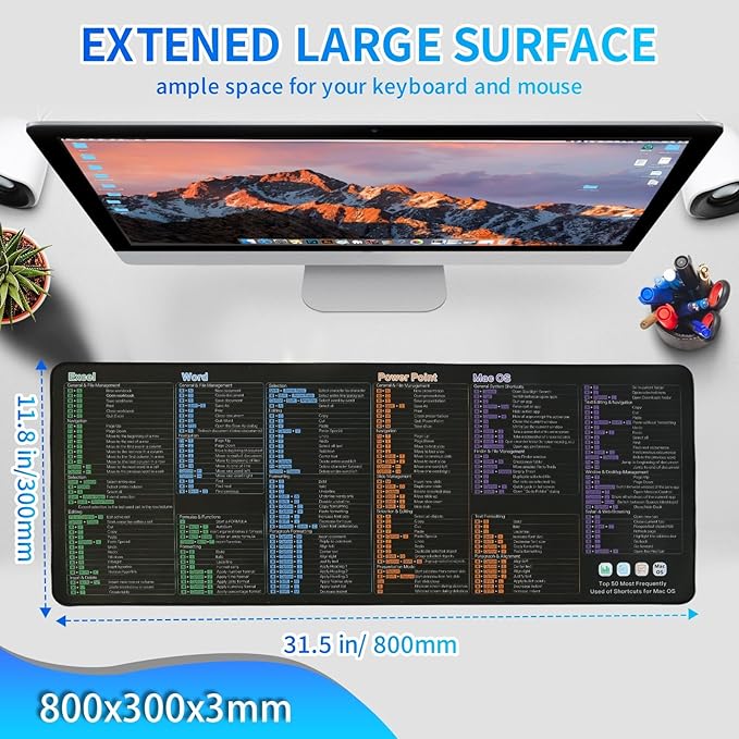 Excel/Word/Power Point/Mac OS Mouse padTop 50 Most Frequently Used of Keyboard Shortcuts Mousepad Non-Slip&ampWaterproof Large Gaming Office pc Desk mat (macOS/Excel/Word/PPT)