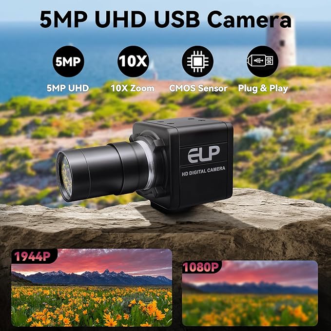 MMlove USB Camera 5MP HD Webcam 5-50mm Manual 10X Varifocus Zoom Lens Lightburn Camera with CMOS OV5640 Sensor for Skype/Zoom/FaceTime/HangoutsPC/Laptop/Raspberry Pi Free Driver UVC