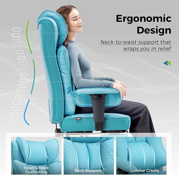 GTPLAYER Big and Tall Office Chair 400LBS Wide Ergonomic Gaming Chair with Deluxe Embossing Designed Leather with Foot Rest150°Reclining Adjustable Soft Armrests Pocket Spring Back Support and Pillow