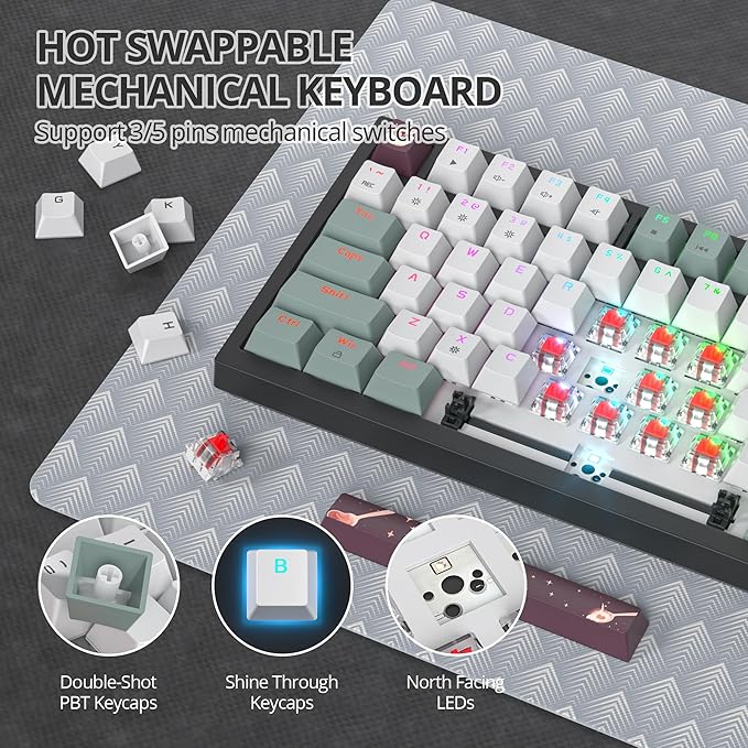 75% Green Mechanical Gaming Keyboard Hot Swappable RGB Custom Keyboard with Knob Gasket Mount Wired TKL Red Switch Keyboard 75 Percent Creamy Mechanical Keyboard (82 Green White)