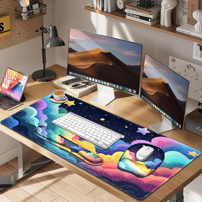 Mouse Pad with Wrist Support 4 in1 Set XXL Big Game Mousepad + Keyboard Wrist Rest + Mouse Wrist Rest Pad +Coaster Gaming Mat for Home Office Work Computer Laptop I Colorful Clouds Starry Night