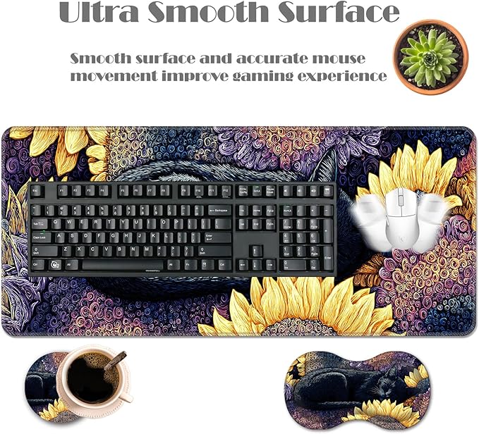 Ergonomic Keyboard Wrist Rest &amp Mouse Pad Wrist Rest SetXL Gaming Desk Mat 31.5x 11.8Non-Slip BaseMemory FoamEasy Typing Pain Relief for Office &amp HomeBlack Cat with Sunflowers