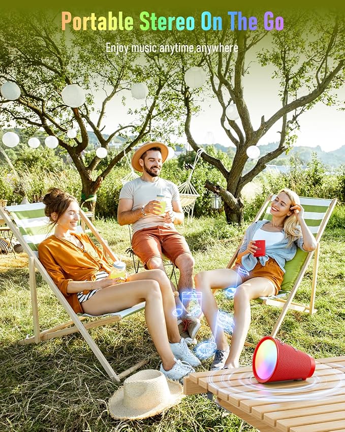 Portable Bluetooth Speaker Wireless with 9 Color Lights 20H Playtime Stereo Pairing Deep Bass IPX6 Waterproof Bluetooth 5.3 Small Speaker for Home Party Outdoor Camping Beach Gift