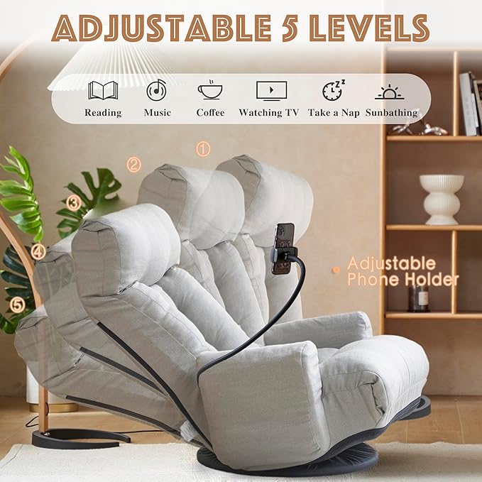 Floor Chair with Back Support Swivel Gaming Chair with 5 Adjustable Position Meditation Chair with Phone Holder Linen Indoor Lounge Chair for Lazy Boys Living Room Bedroom Lounge Grey