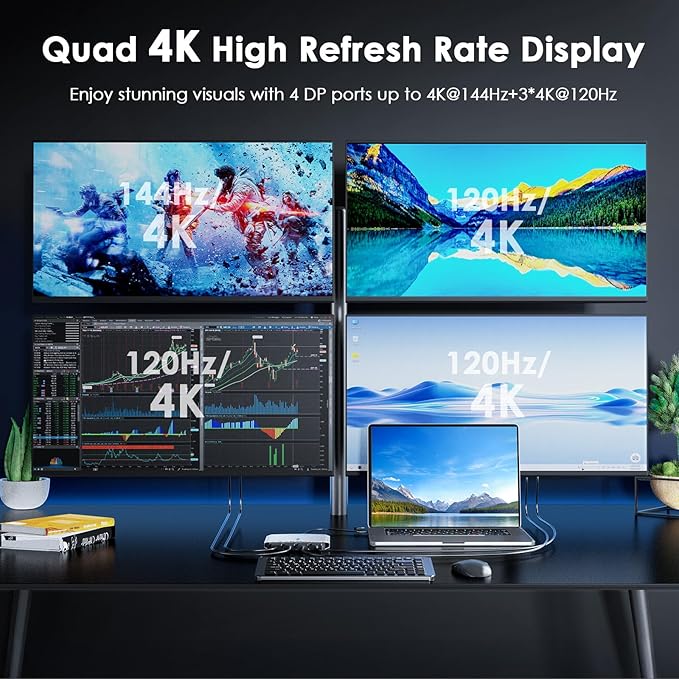 WAVLINK USB 3.0 or USB C to Quad Displayport Splitter Extended Display for Four Monitor with 85W PD Displaylink Adapter 4 DP 4K@120Hz for Apple Mac M1/M2/M3/M4 or Windows 10/11 USB A/C to DP 4K