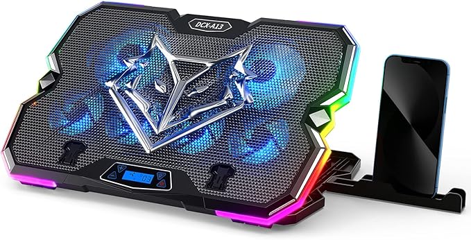 KeiBn Upgrade Laptop Cooling Pad A13RGB Lights Laptop Cooler 6 Fans for up to 15.6 Inch Laptops10 Modes Light 7 Height Stands 2 USB Ports - Blue