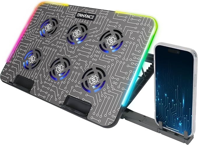 ENHANCE Gaming Voltaic 2 Laptop Cooling Stand - Laptop Cooling Pad with 6 Blue LED Fans 7 Height Settings RGB Lighting - Metal Top Cooler Pad with Phone Stand 2 USB Ports for up to 17 inches