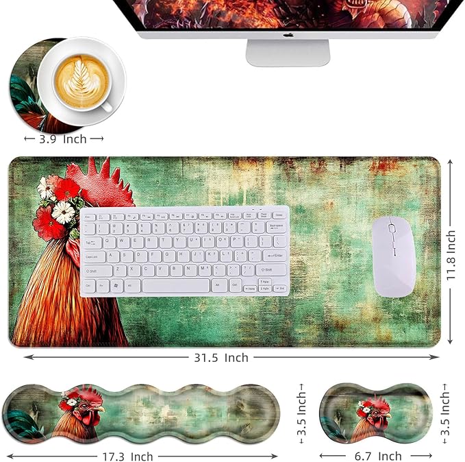 Mouse PadLarge Desk Mat Set 4in1 XL Mousepad + Keyboard Wrist Rest+Mouse Wrist Rest+Coaster with Ergonomic Desk Pad for Home Office Table Computer Cover -Flower Crown Rooster