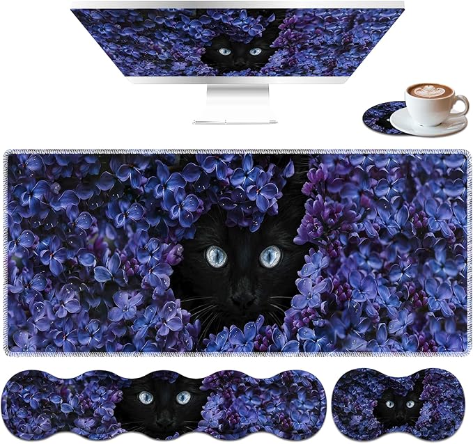 Large Mouse Pad Set Desktop Mouse Pad + Keyboard Wrist Pad + Mouse Wrist Pad + Coaster Ergonomic Memory Foam Multi-functional Desk Mat - Flower and Black Cat