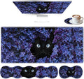 Large Mouse Pad Set Desktop Mouse Pad + Keyboard Wrist Pad + Mouse Wrist Pad + Coaster Ergonomic Memory Foam Multi-functional Desk Mat - Flower and Black Cat