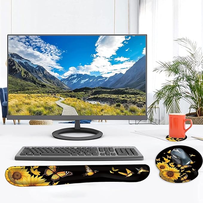 Mouse Pad Wrist Support and Keyboard Wrist Rest Pad with CoasterNon-Slip Rubber Base Ergonomic Gaming Mousepad for Home Office Working Studying Easy Typing &amp Pain ReliefBirds Sunflower Butterfly