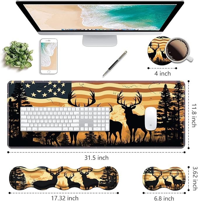 Ergonomic Keyboard Wrist Rest &amp Mouse Pad Wrist Rest Set Large XXL Gaming Desk Mat 31.5x 11.8 with Non-Slip Base Memory Foam Easy Typing Pain Relief for Home &amp Office American Flag Deer