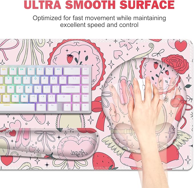 Gaming Mouse Pad Large Desk Mat Cute Desk Pad Protector 4in1 XXL Mousepad + Keyboard Wrist Rest+Mouse Wrist Rest+Coaster Set with Ergonomic Desk Pad for Home Office Computer Adorable Rose Bow