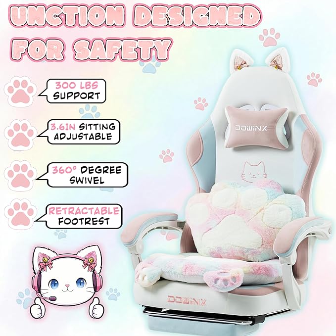 Dowinx Gaming Chair with Cat Ears and Paw Lumbar Pillow Ergonomic Reclining Chair Memory Foam and Spring Cushion Footrest 300lbs Capacity Cute and Comfortable Design for Women &amp Girls