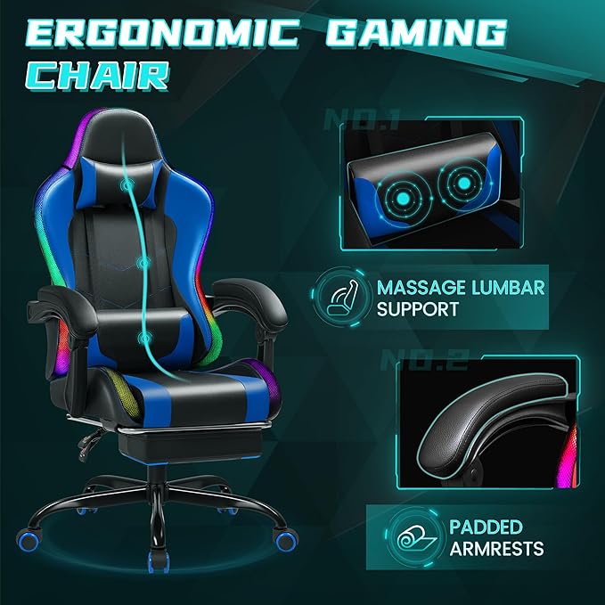Gaming Chair with RGB Computer Gaming Chairs with LED Lights and Footrest for Home Office Blue and Black