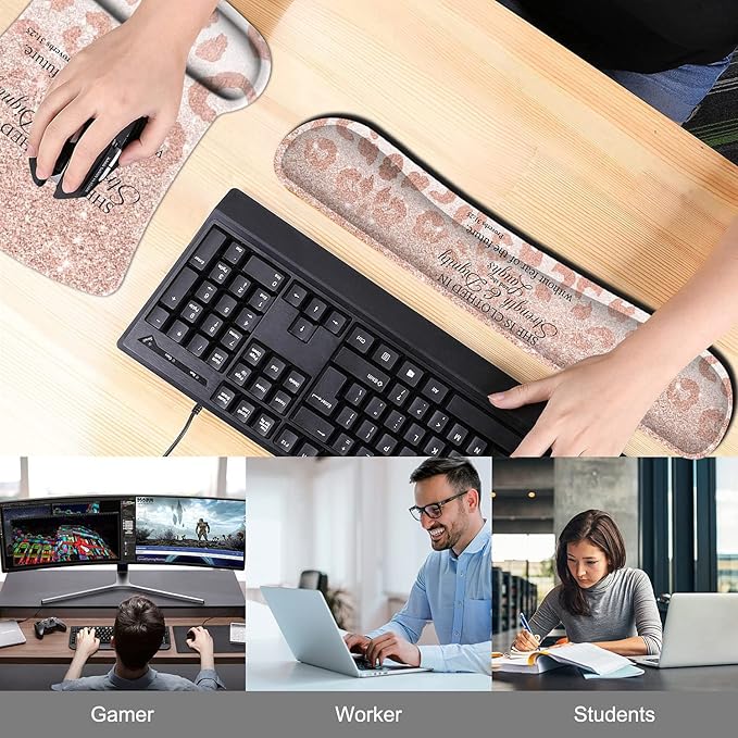 Keyboard Wrist Rest Pad and Ergonomic Mouse Pad Wrist Support Set Proverbs 31:25 Bible Verse Leopard Star Pattern for Gaming Office Comfortable and Pain Relief with Coaster Set