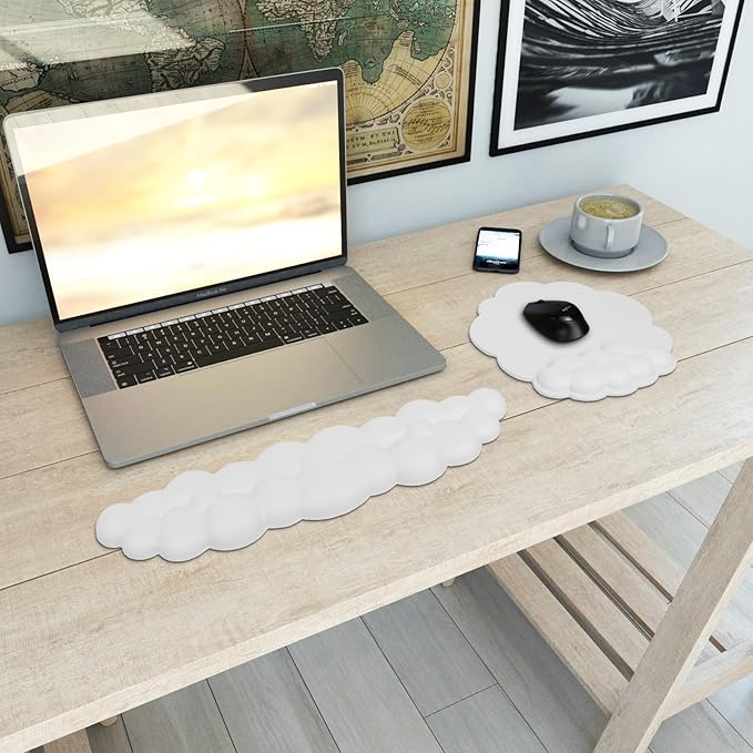 HOTTYAO Cloud Mouse Pad Wrist Support Keyboard Wrist Rest Set Ergonomic Wrist Support for Typing Pain Relief Portable for Computer Office Gaming (White-L)