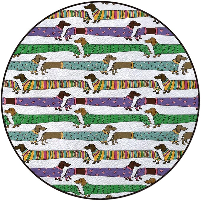 Multicolor Office Chair Mat for Hardwood Floors Desk Carpet Cartoon Style Dachshunds Polka Dots and Hearts Anti-Slip Multi-Purpose Low Pile Computer Chair Mat Dog Lover Diameter 36 in
