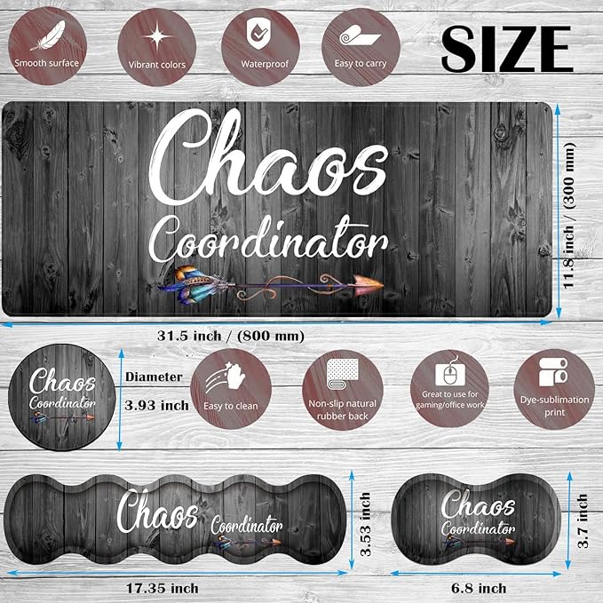 Gaming Mouse Pad Set Large Gaming Mouse Pad+Keyboard Wrist Rest+Mouse Wrist Rest+Coaster Easy Typing Pain Relief 31.5 × 11.8 inch Desk Mat for Home Office Quote Chaos Coordinator