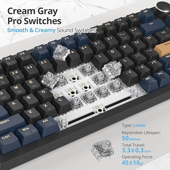 75% Wireless Creamy Mechanical Keyboard Hot Swappable Custom Keyboard RGB Backlit Gasket Gaming Keyboard 2.4G/BT5.0/USB-C Mechanical Gaming Keyboard Pre-lubed Linear Gray Cream Switches