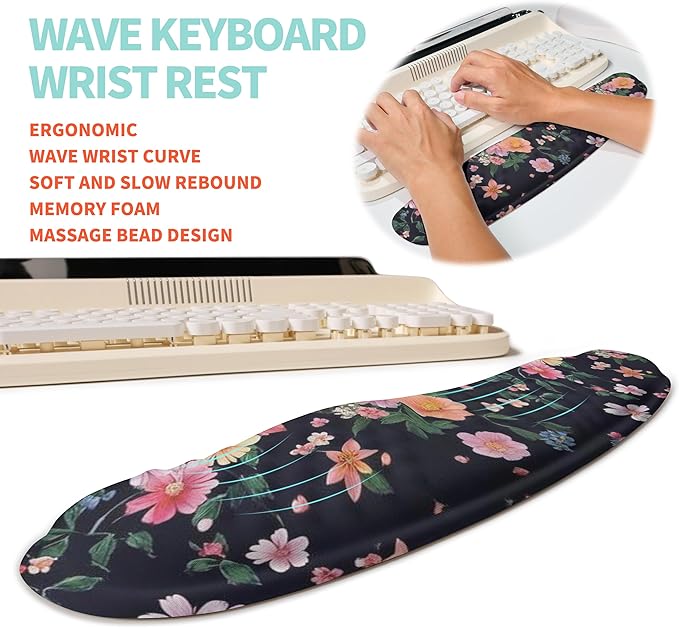 2-in-1 Ergonomic Set Wave Rise Keyboard Wrist Rest and Massage Bulge Slope Mouse Pad Wrist Support Cushion Memory Foam Integrated to Relieve Wrist Pain Flower Dance