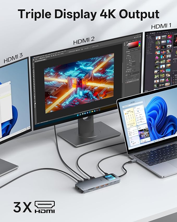 USB C Docking Station 3 HDMI Selore 13-in-1 Laptop Docking Station with Triple 4K HDMI Smart Display 2.5G Ethernet 100W PD 10Gbps USB A/C 3.1 SD/microSD Card Reader for Dell/HP/Lenovo Laptops