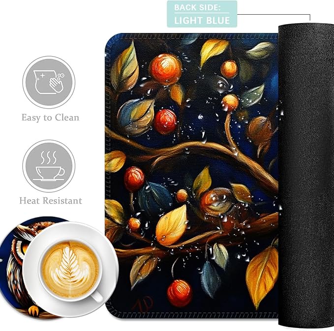 Keyboard Mouse Pad Set Extended Gaming Mouse Pad+Ergonomics Keyboard Wrist Rest Support Memory Foam Easy Typing Pain Relief 4Pcs XL Ultra Thick Desk MatOwl on Branch Moonlit Night