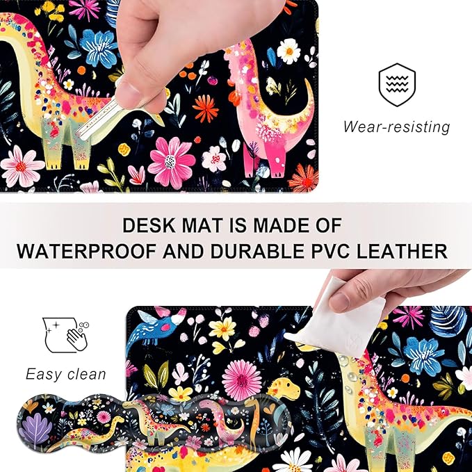 Mouse PadLarge Desk Mat Set 4in1 XL Mousepad + Keyboard Wrist Rest+Mouse Wrist Rest+Coaster with Ergonomic Desk Pad for Home Office Table Computer Cover -Colorful Floral Dinosaurs Art