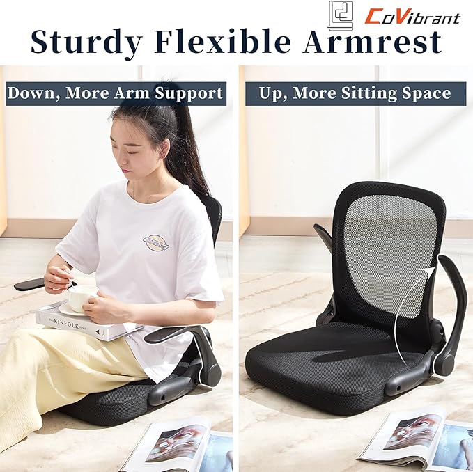Ergonomic Floor Chair Foldable - Adjustable Armrest &amp Mesh Back Thick Cushioned Seat for Gaming Reading Meditation Multi-Use for Living Room Bed Tatami