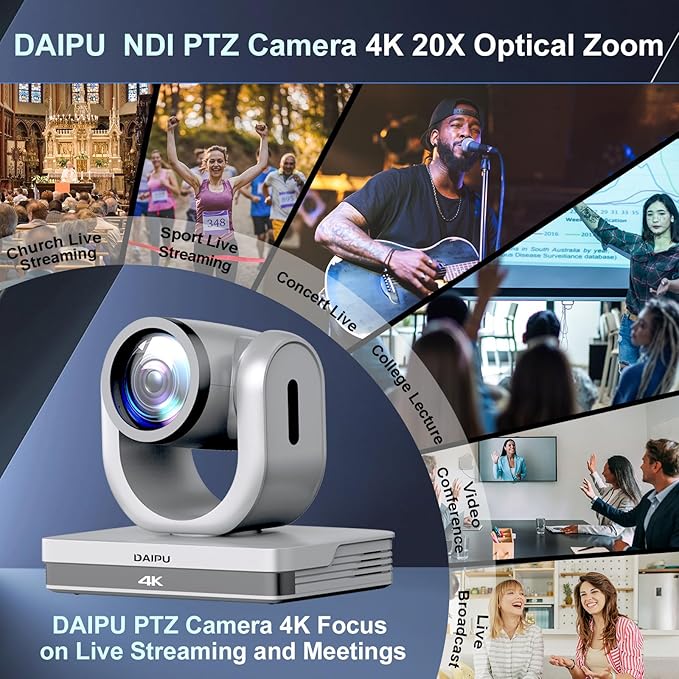 NDI PTZ Camera 4K 20X Optical Zoom HDMI USB SDI LAN PoE AI Auto Tracking PTZ Conference Camera for Church Live Streaming Video Conference Education Broadcast with YouTube Facebook Live Zoom