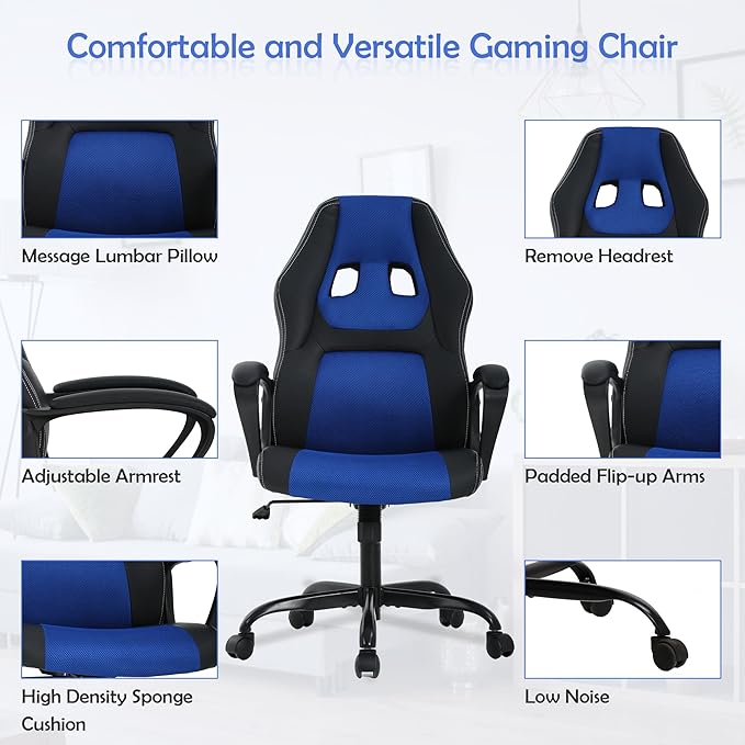 Massage Gaming Chair for AdultsComputer Chair Ergonomic Big and Tall Gaming Chair with MassagerComfortable Gaming Chair Leather Video Gaming Chairs Comfy Computer Chair250Lbs Blue Gaming Chair