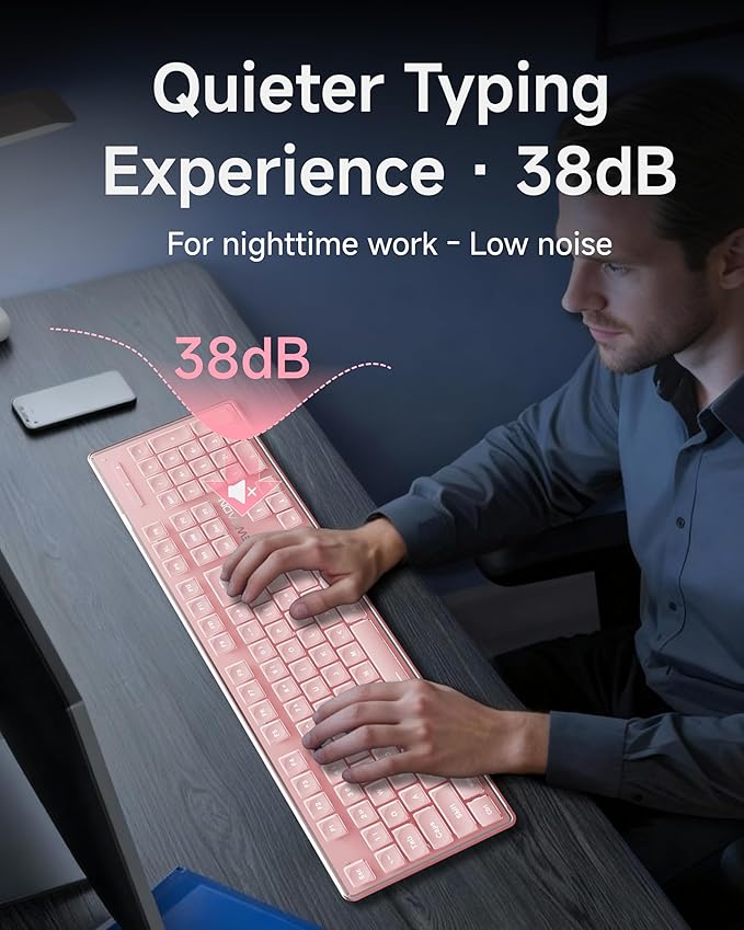 EWEADN GX710S Backlit Computer Keyboards Wired USB Keyboard with White Backlit Metal Panel Plug and Play Pudding Keycaps Full Size Quite Computer Keyboard for Win/PC/Laptop-Pink