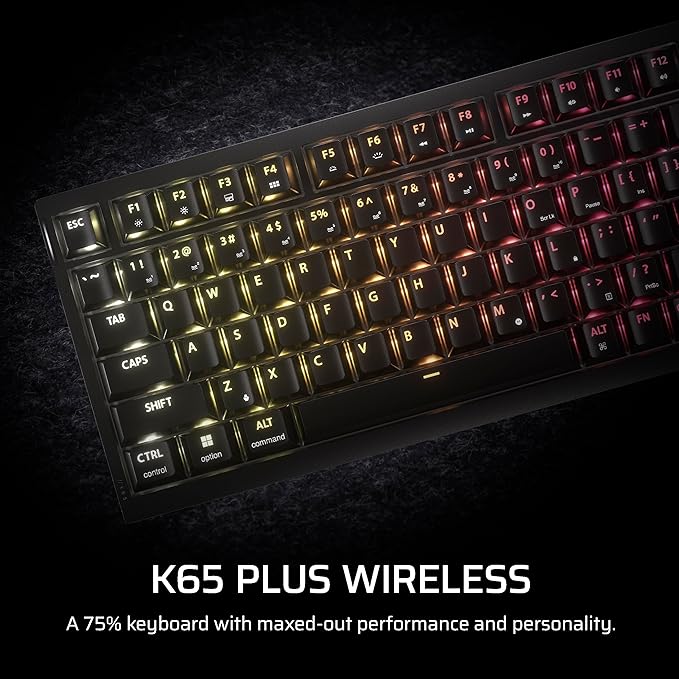 Corsair K65 Plus Wireless 75% RGB Hot-Swappable Mechanical Gaming Keyboard – Pre-Lubricated MLX Fusion Tactile Switches – Dual-Layer Sound Dampening – PBT Keycaps – QWERTY NA – Black