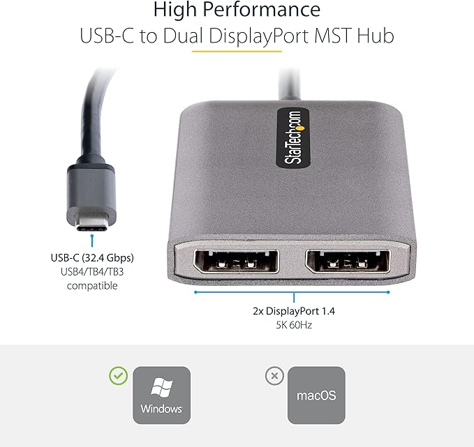StarTech.com USB-C to Dual Displayport 1.4 Adapter USB Type-C Muliti-Monitor MST Hub Dual 5K 60Hz DP Laptop Display Extender / Splitter HDR Extra-Long Built-In Cable Windows Only (MST14CD122DP)