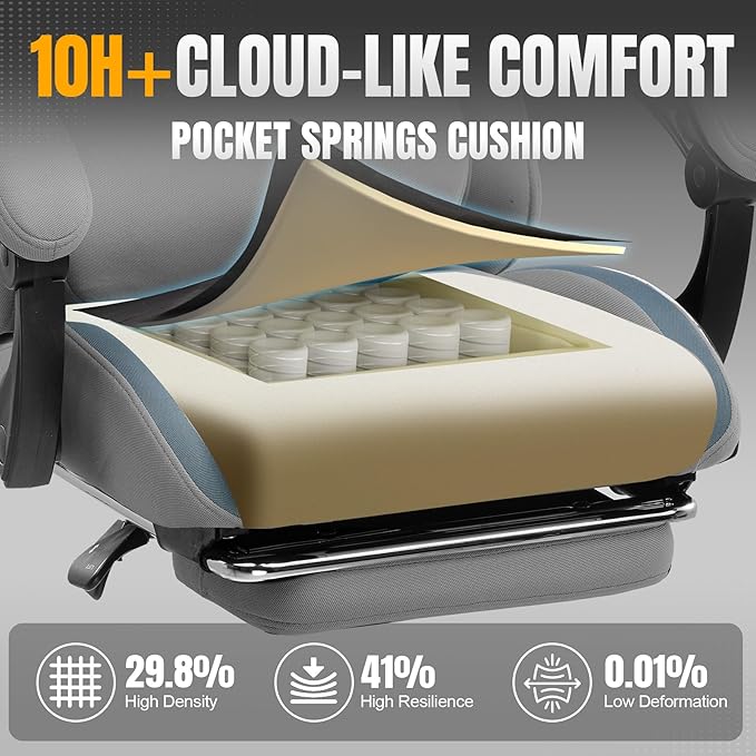 GTPLAYER Gaming Chair with Foot Rest &amp Pocket Spring Cushion Ergonomic High Back Computer Desk Chair with Headrest &amp Lumbar Support for Back Pain Relief Breathable Fabric Moon Gray
