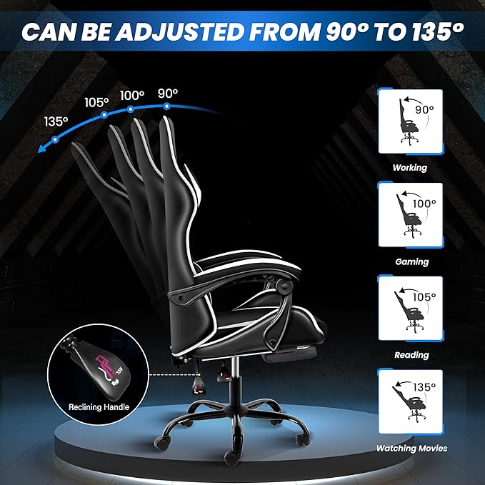 Gaming Chair Ergonomic Computer Chair with Footrest and Lumbar Support Height Adjustable Office Chair with 360° Swivel Seat and Headrest