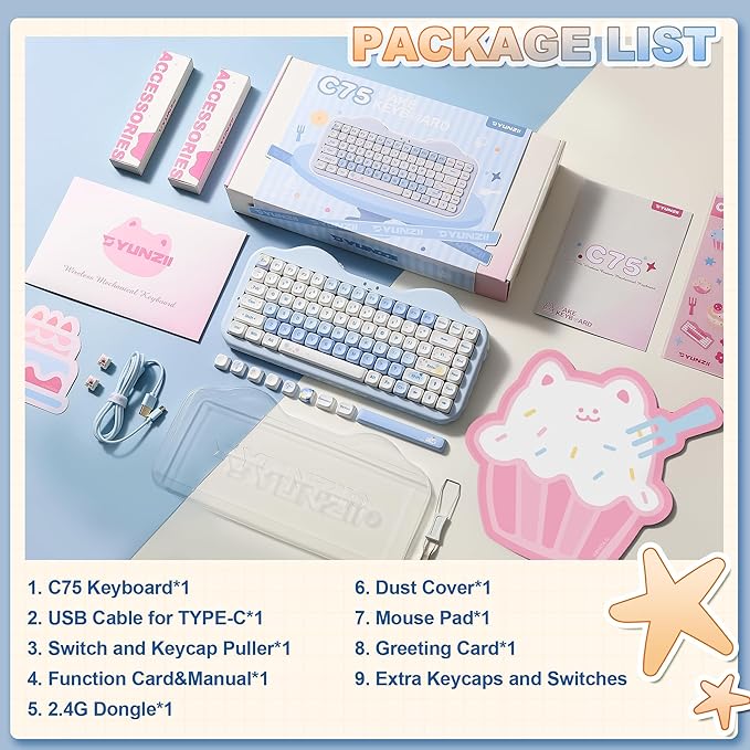 YUNZII C75 Wireless Mechanical Keyboard75% Layout Hot-Swappable NKROBT5.0/2.4G/USB-C ModeDye-Sub PBT MOA KeycapsRGB Gasket MountCute Cake Design for Mac/Win/Gaming (Blue Candy Switch)